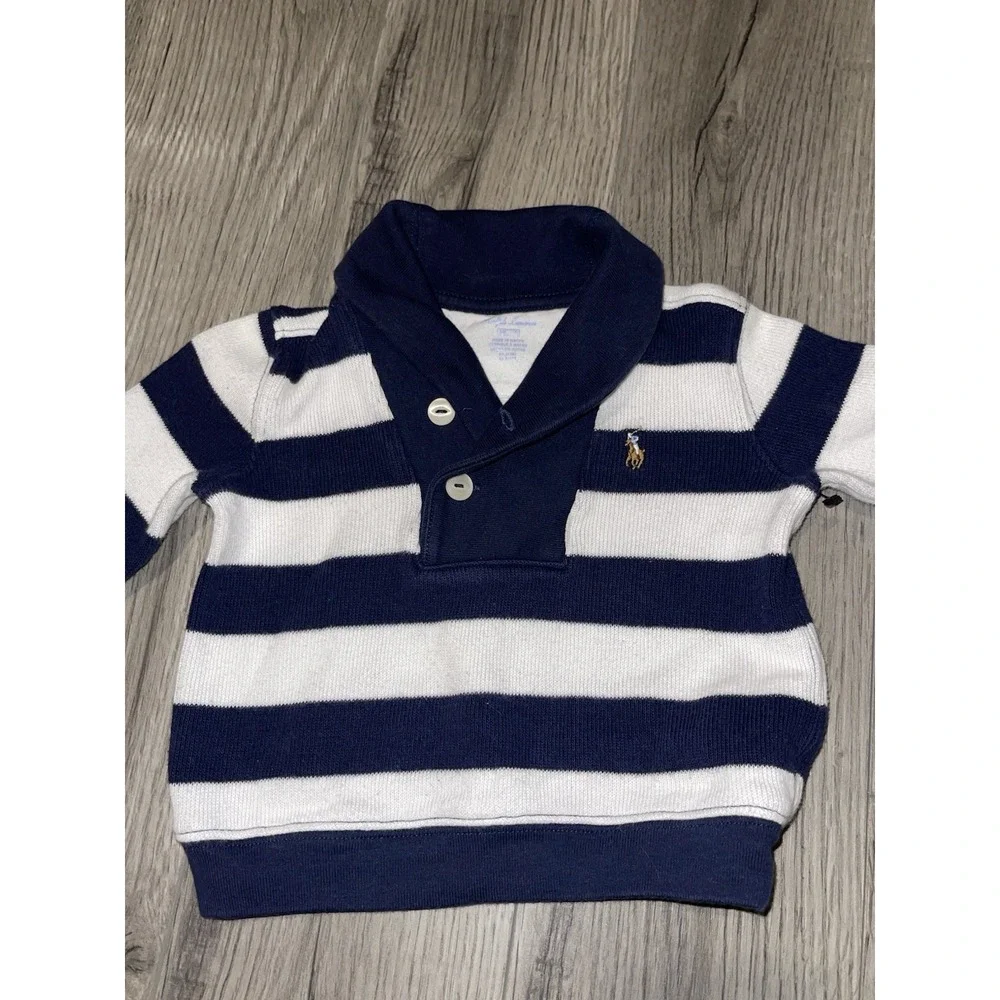 Ralph Lauren Boys Shawl Collar Sweater Baby & White Striped 6‎ Months